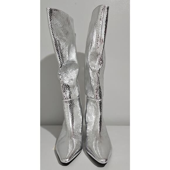 NEW Steve Madden Newlyn Knee High Boots Womens 8 WIDE Calf Silver Pointed Toe - Picture 4 of 13